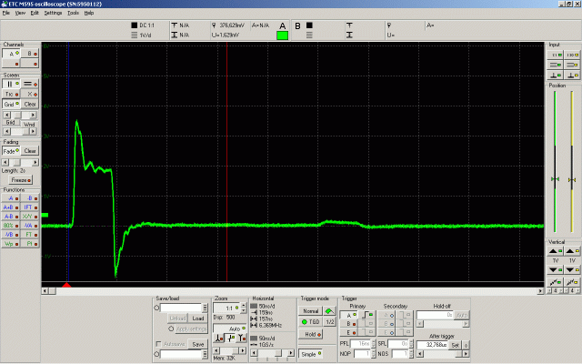 1 GSps time-domain reflectometer plot of a CAT7 cable, common mode (signal pair against shield)