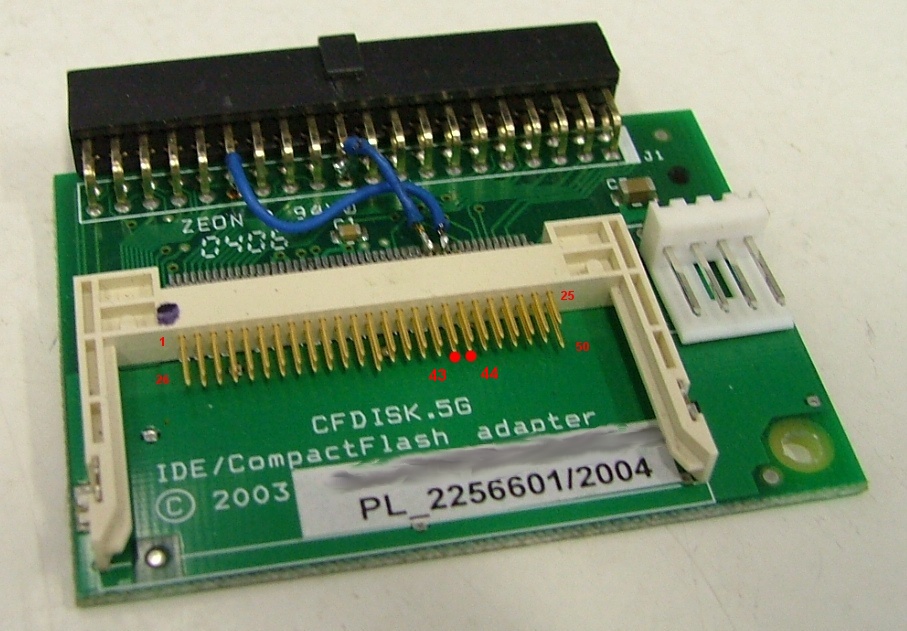 Photo of a modded CF-IDE adaptor, with pin labels added