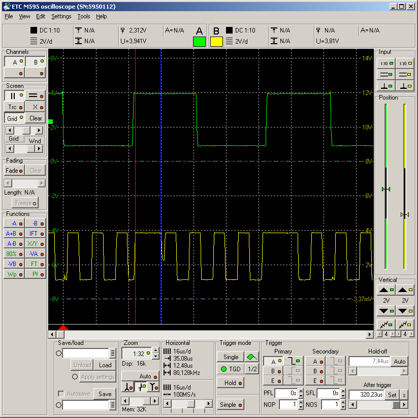 Combined output (both rectangles) with 13 us turning time
