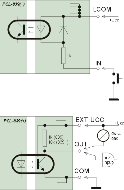 GIF: active-low input (photo-diode to LCOM+), open-collector output with a weak pull-up