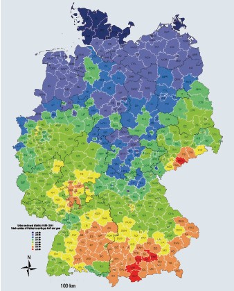 Map of statistical density of lightning occurrence in Germany