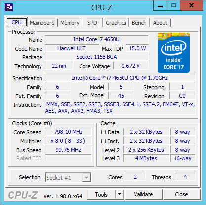 Screenshot of CPU-Z showing base frequency and a range of multipliers