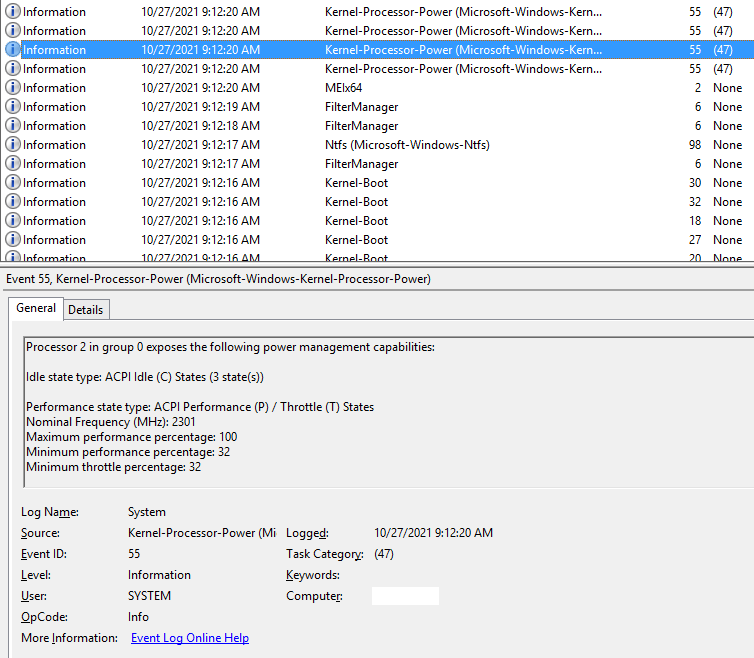 Event viewer screenshot 3 - perf capabilities mentioned on startup